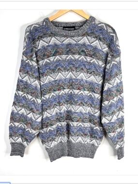 VTG 90s Expressions Geometric Sweater M Grandpa Retro Grunge Cosby Blue Striped